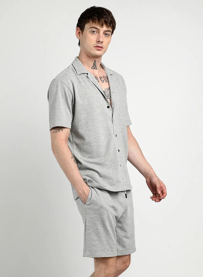 CAHOOT  Men's Light Grey Heathered Knitted Co-Ord Set For Casual Wear | Cuban Collar | Short Sleeve | Button Closure | Co-Ords Crafted With Comfort Fit For Everyday Wear for Men | Best Price UAE